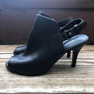 Peep toe black heels pumps leather slingback